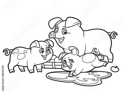 Pigs near the feeder and a piglet jumps into the mud outlined for coloring book on white background