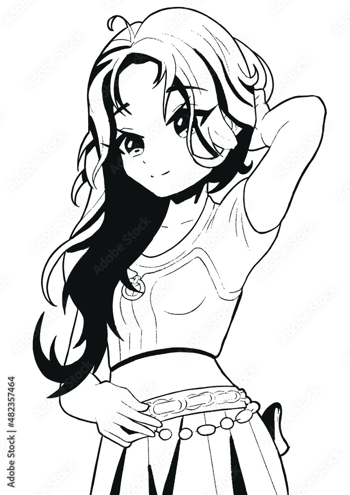 sketch of anime girl cute manga girl line art Stock Vector