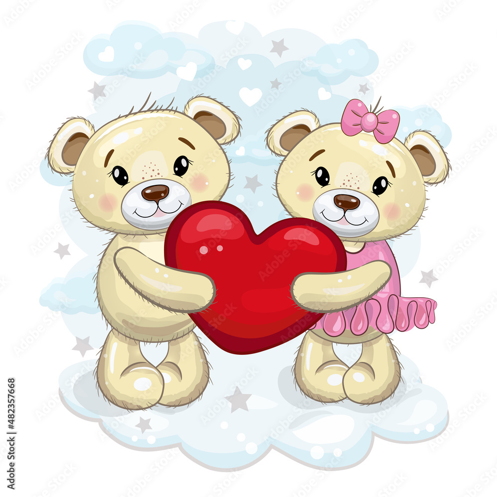 Fototapeta premium A pair of cute teddy bears holding a heart in their paws. Teddy bears on the background of clouds. Vector cartoon illustration. Illustration for Valentine's day or birthday.