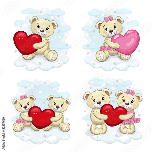 Fototapeta Naklejka Na Ścianę i Meble -  A set of cute teddy bears with a red  and pink hearts. Teddy bears cute set on a background of fluffy clouds.. Vector cartoon illustration for Valentine's day or birthday.