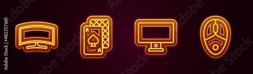 Set line Computer monitor, Playing cards, and mouse. Glowing neon icon. Vector