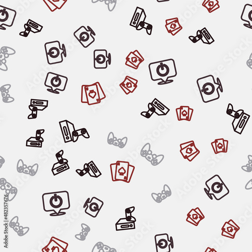 Set line Game console with joystick, Power button, controller or and Playing cards on seamless pattern. Vector