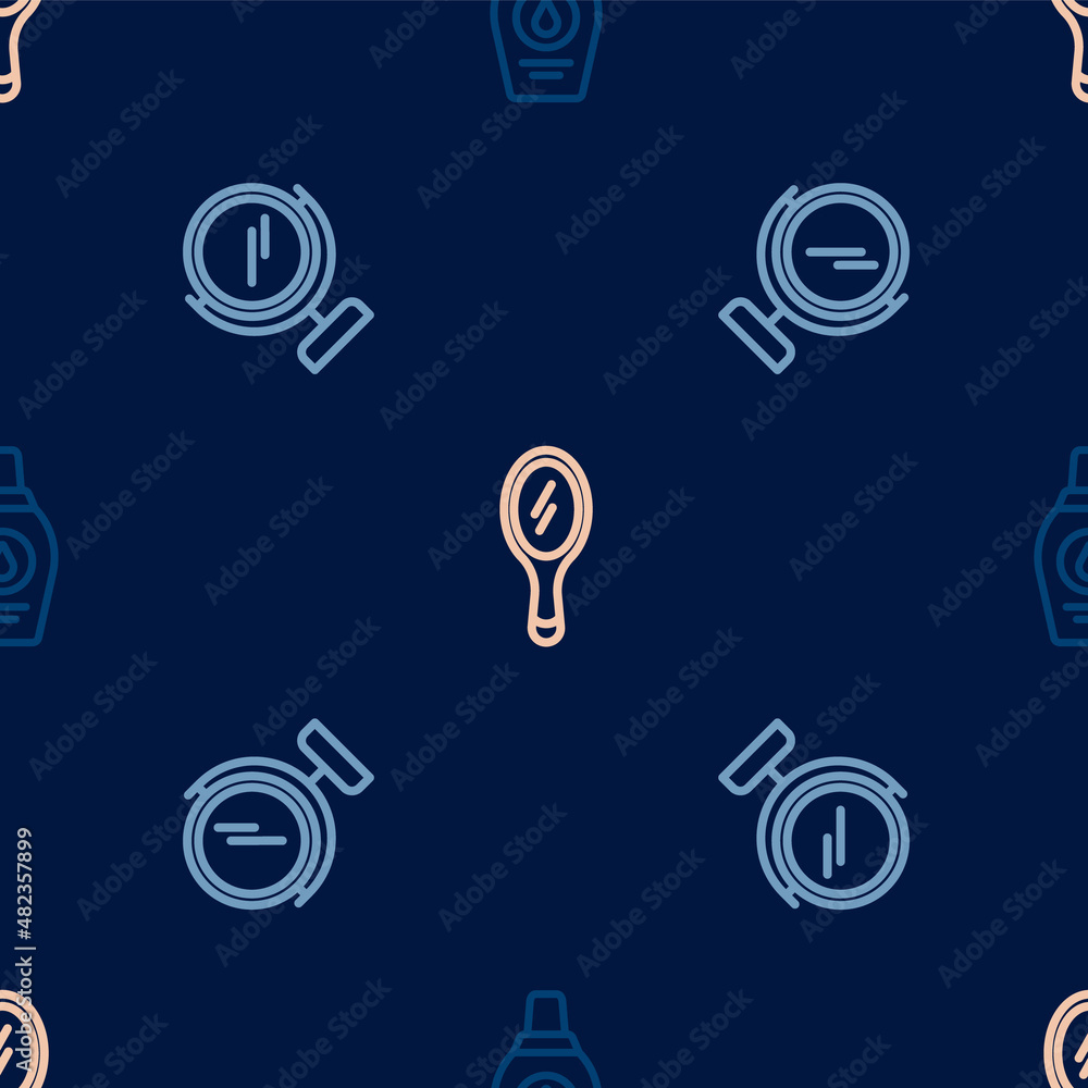 Set line Bottle of shampoo, Round makeup mirror and Hand on seamless pattern. Vector Set line Bottle of shampoo, Round makeup mirror and Hand on seamless pattern. Vector
