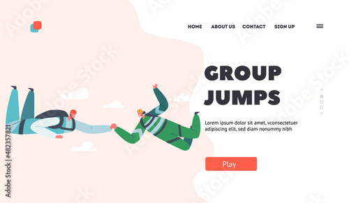 Group Jumps Landing Page Template. Parachute Jumping Extreme Activities, Skydiver Recreation. Parachutist Holding Hands