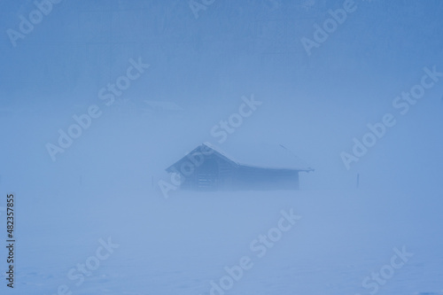 a old barn on a agriculture field at a foggy winter day