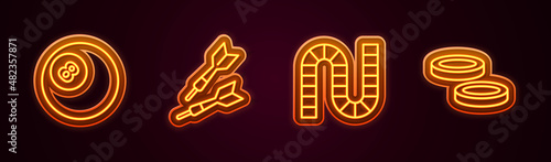 Set line Billiard pool snooker ball, Dart arrow, Board game and Checker chips. Glowing neon icon. Vector