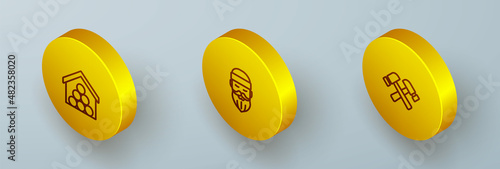 Set Isometric line Wooden logs, Lumberjack and Crossed hammer icon. Vector