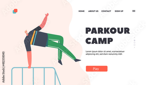 Parkour Club Landing Page Template. Male Character Exercises on City Street. Teenager Sportsman Jumping Over Barrier