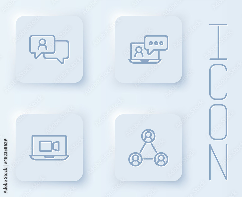 Set line Speech bubble chat, Video conference, and Meeting. White square button. Vector Set line Speech bubble chat, Video conference, and Meeting. White square button. Vector