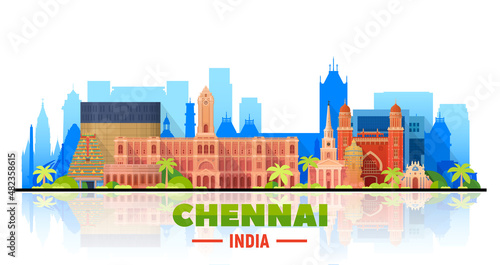 Chennai ( India ) skyline with panorama in white background. Vector Illustration. Business travel and tourism concept with modern buildings. Image for presentation, banner, placard and web site.