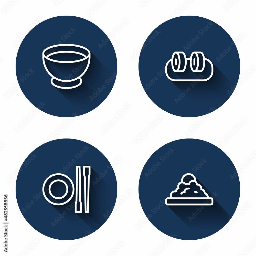 Set line Soy sauce in bowl, Sushi, Food chopsticks with plate and Rice with long shadow. Blue circle button. Vector Set line Soy sauce in bowl, Sushi, Food chopsticks with plate and Rice with long shadow. Blue circle button. Vector