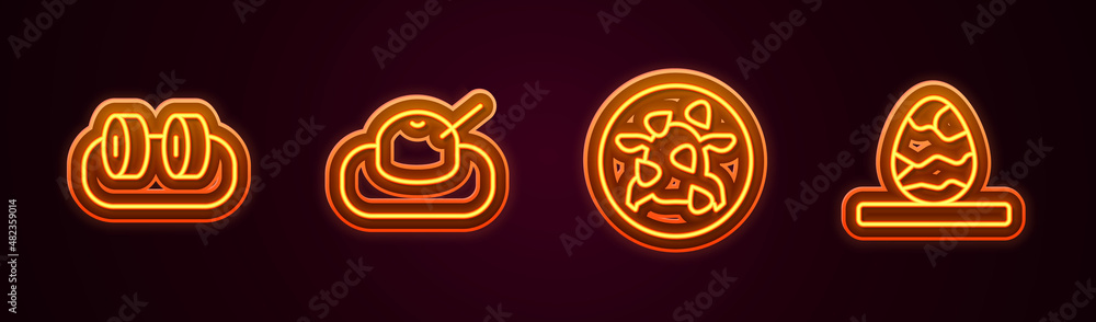 Set line Sushi, Mochi, Kung Pao chicken and Chinese tea egg. Glowing neon icon. Vector Set line Sushi, Mochi, Kung Pao chicken and Chinese tea egg. Glowing neon icon. Vector