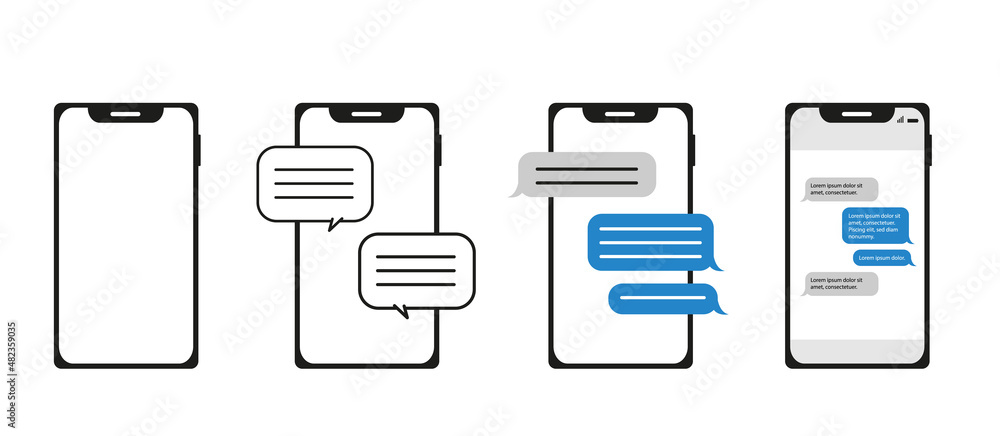 ensemble d'icônes ou pictos montrant un smartphone, téléphone portable avec une discussion par message SMS. Placez votre texte dans les bulles.