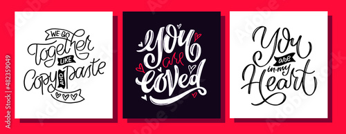 Happy Valenti's Day - lettering postcard. Love you, Kiss you - lettering label for t-shirt design. Love backgrounf pattern.