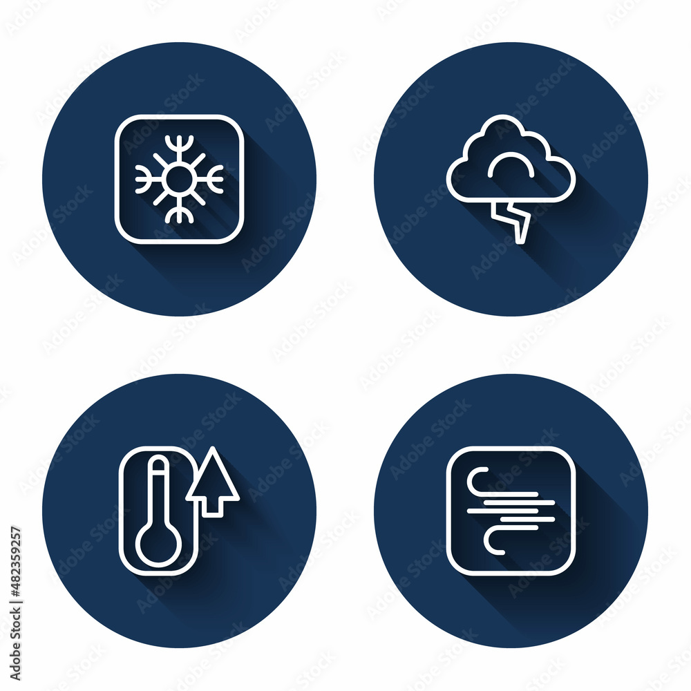 Set line Snowflake, Cloud and lightning, Thermometer and Wind with long shadow. Blue circle button. Vector Set line Snowflake, Cloud and lightning, Thermometer and Wind with long shadow. Blue circle button. Vector