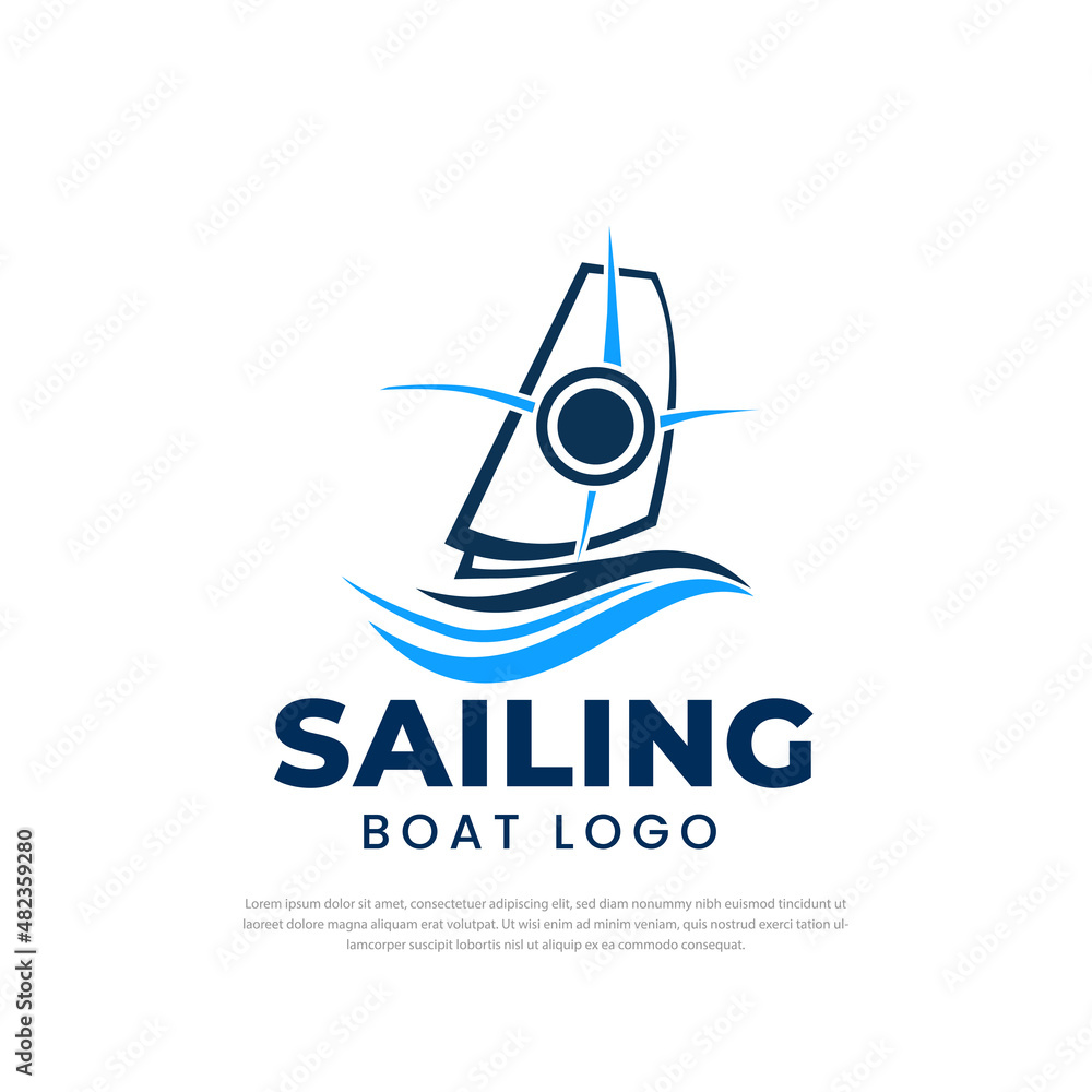Vector illustration of sailing boat logo design template, sun symbol