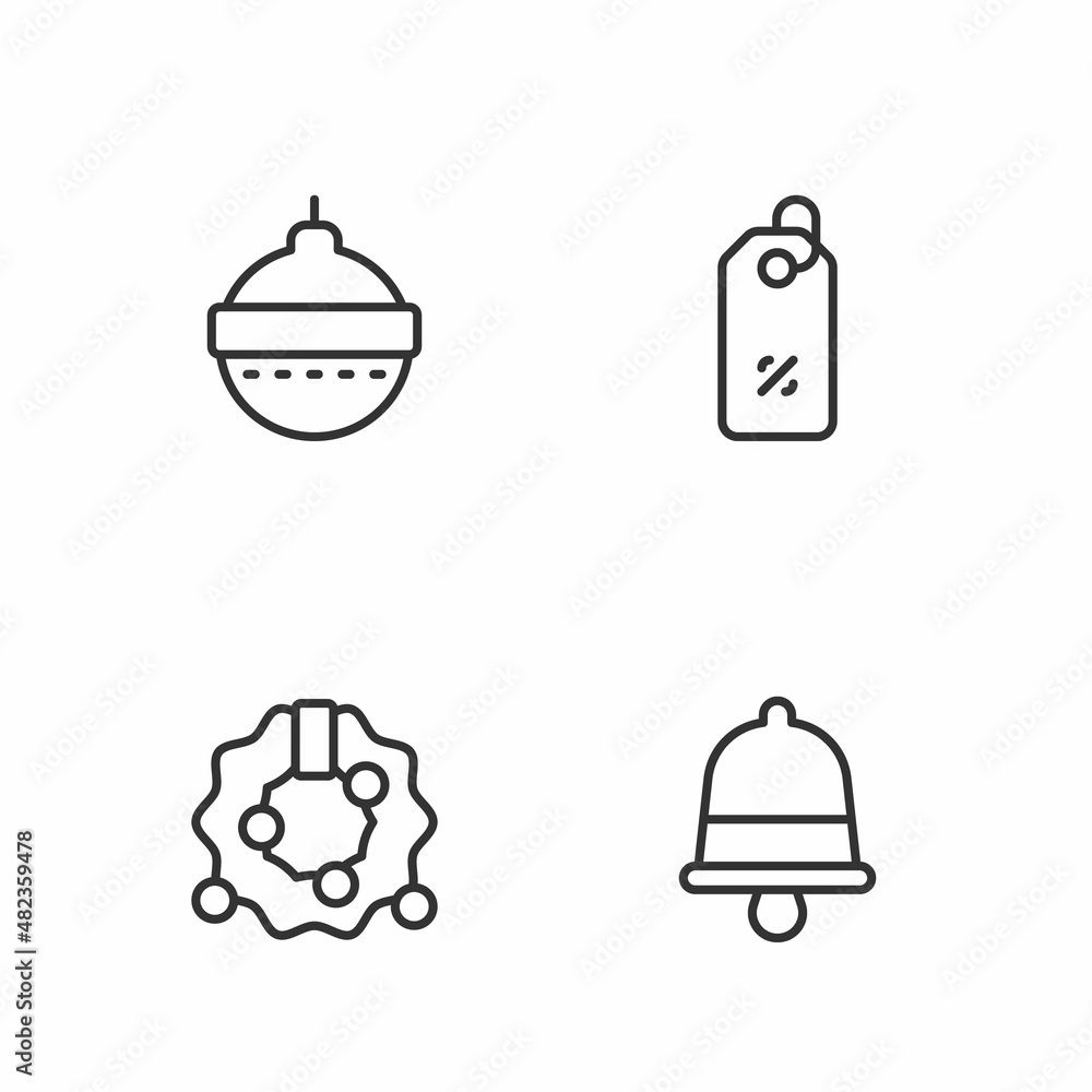 Set line Christmas ringing bell, wreath, ball and Discount percent tag icon. Vector Set line Christmas ringing bell, wreath, ball and Discount percent tag icon. Vector