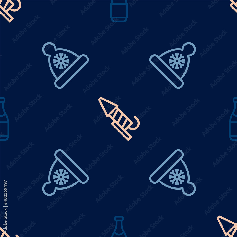 Set line Champagne bottle, Christmas Santa Claus hat and Firework rocket on seamless pattern. Vector Set line Champagne bottle, Christmas Santa Claus hat and Firework rocket on seamless pattern. Vector