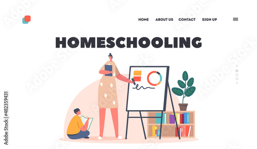 Homeschooling Landing Page Template. Family Education, Mom and Little Boy Characters Learning Lesson Together at Home