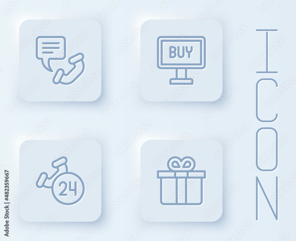 Set line Telephone 24 hours support, Buy button, and Gift box. White square button. Vector Set line Telephone 24 hours support, Buy button, and Gift box. White square button. Vector