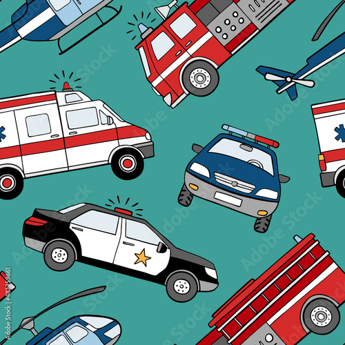 Hand drawn emergency cars seamless vector pattern. Perfect for textile, wallpaper or print design. 
