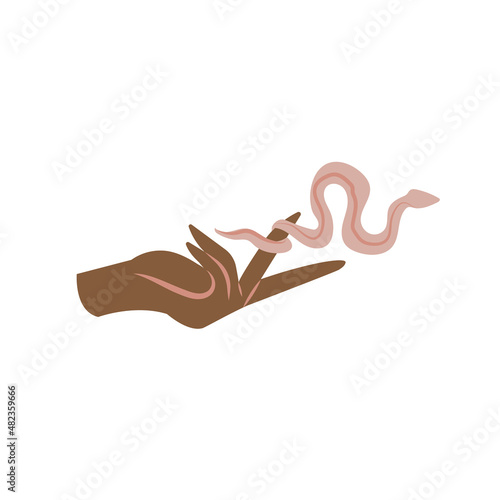Vector illustration female hand with snake isolated on white background.