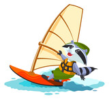 Animal scout raccoon in life jacket hold windsurfing