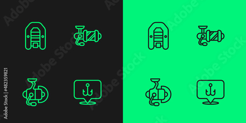 Set line Fishing hook, Spinning reel for fishing, Inflatable boat with motor and icon. Vector