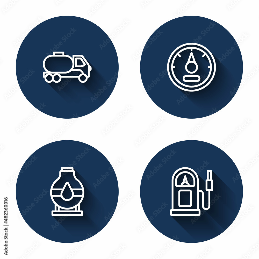 Set line Tanker truck, Motor gas gauge, Oil tank storage and Petrol station with long shadow. Blue circle button. Vector Set line Tanker truck, Motor gas gauge, Oil tank storage and Petrol station with long shadow. Blue circle button. Vector