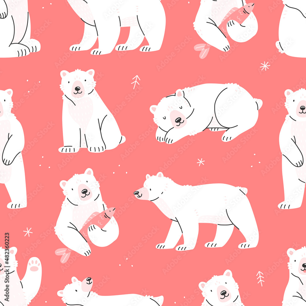 Fototapeta premium Seamless pattern with polar bears. Cute pink pattern with bears in cartoon style. Illustration background.