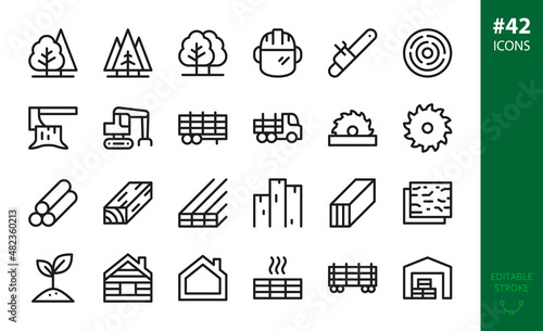 Forest Industry and Forestry isolated icons set. Set of wooden planks warehouse, chainsaw, forestry helmet, log loader, logging truck, timber trailer, sawmill, lvl, glued beam, wood drying vector icon