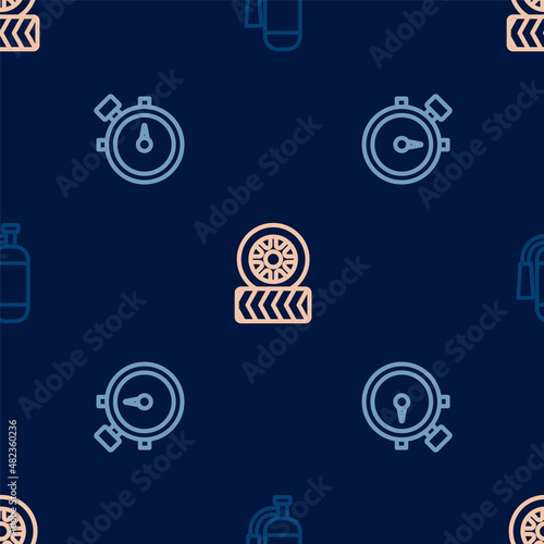 Set line Fire extinguisher, Stopwatch and Car tire wheel on seamless pattern. Vector