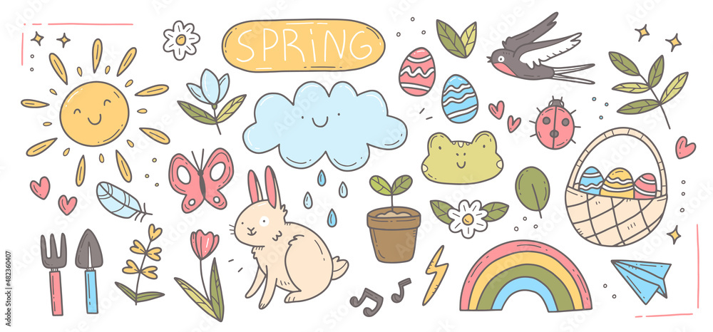 Spring doodle set. Cute set of spring cliparts, easter elements. Isolated illustration.