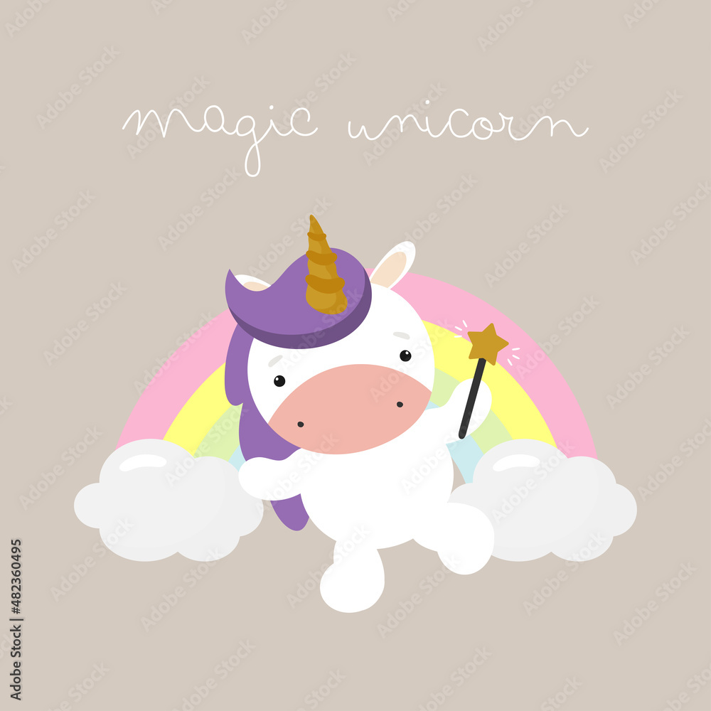 Magic Cute Unicorn with magic wand. Vector illustration Cartoon. For kids stuff, card, posters, children books, printing on the pack, printing on clothes, fabric, wallpaper, textile or dishes.