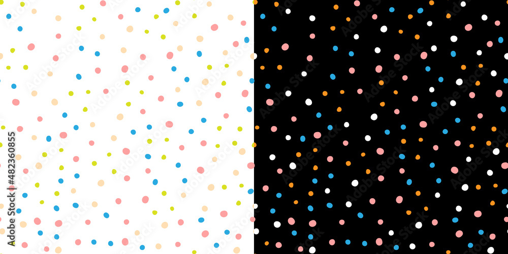 A set of two minimalistic abstract patterns with colorful dots on white and black backgrounds.