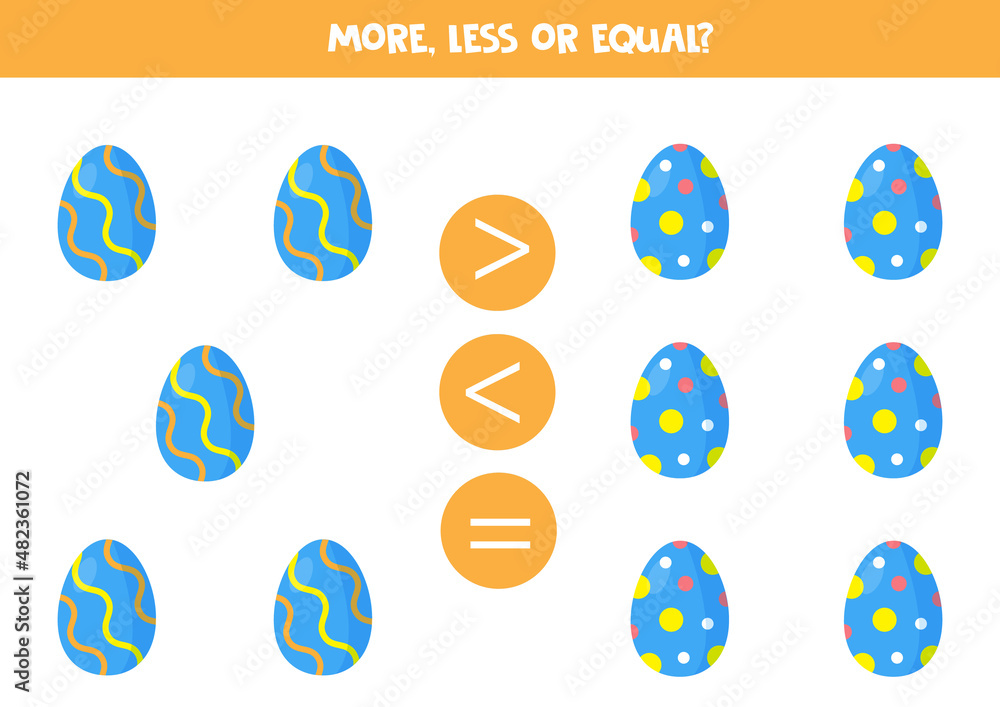More, less, equal with blue Easter eggs. More, less, equal with blue Easter eggs.