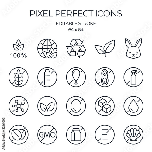 Eco, vegan, vegetarian, and allergens related editable stroke outline icons set isolated on white background flat vector illustration. Pixel perfect. 64 x 64.