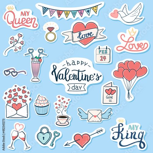 Valentine s Day stickers collection with hand drawn elements and lettering. Vector illustration