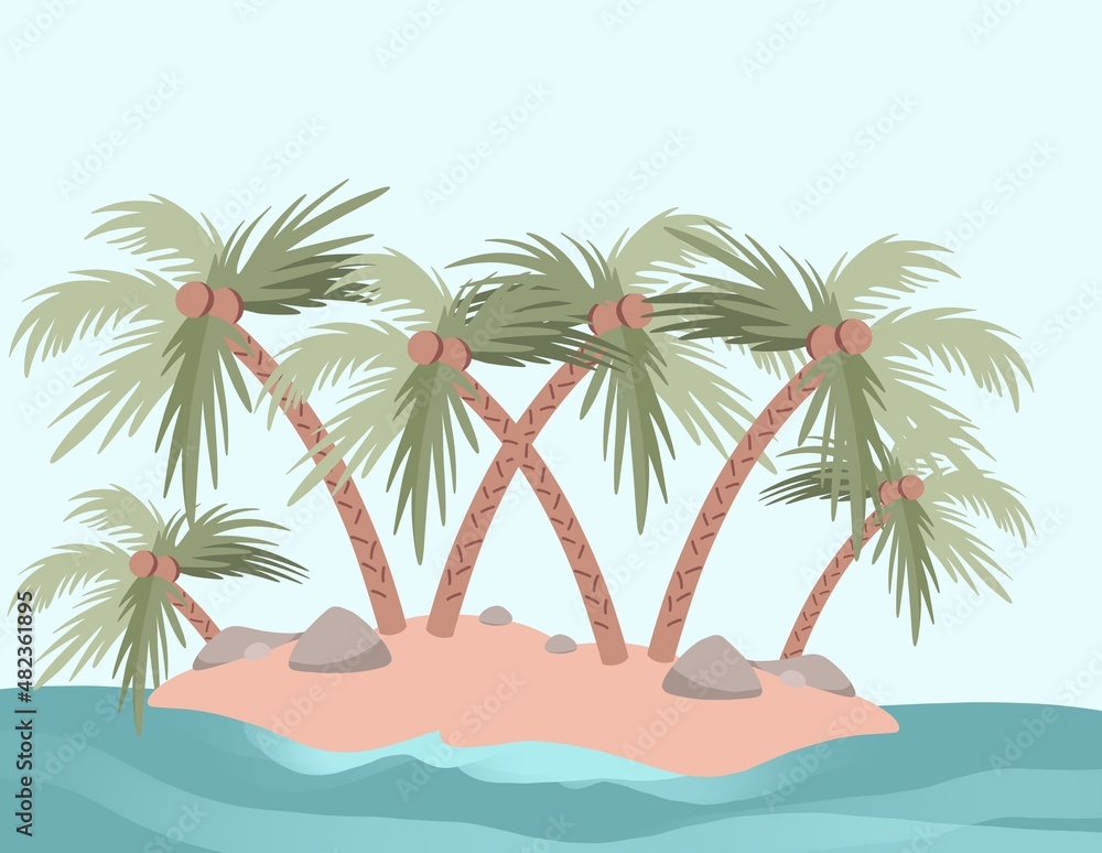 Summer landscape illustration of palm trees with coconuts on the island. 