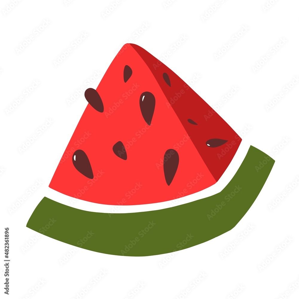 Summer illustration juicy piece of watermelon with pits. Flat illustration isolated on white background Summer illustration juicy piece of watermelon with pits. Flat illustration isolated on white background