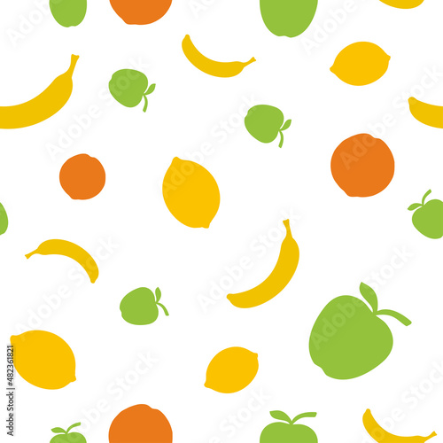 Seamless background or pattern of apples, bananas, orange and lemons. Print for clothes. Packaging templates