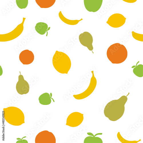 Seamless background or pattern of apples, pears, bananas, orange and lemons. Print for clothes. Packaging templates