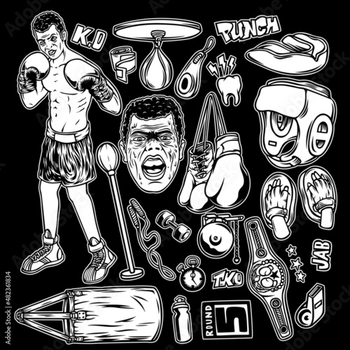 black and white illustration with boxing theme and some ornaments inside