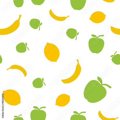 Seamless background or pattern of apples, bananas and lemons. Print for clothes. Packaging templates