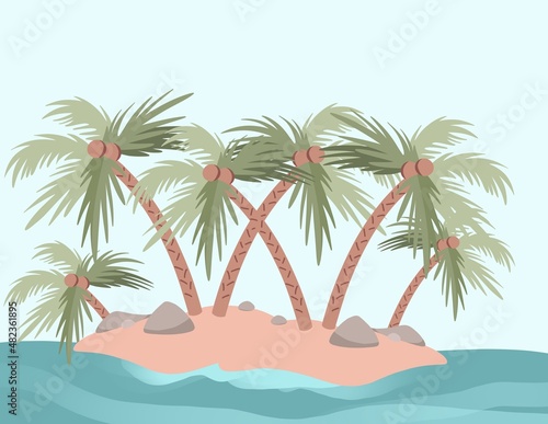 Summer landscape illustration of palm trees with coconuts on the island. 