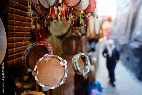 Moroccan souvenir shop with musical instruments.