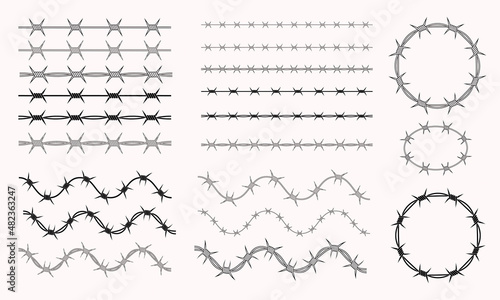 Set of Barb Wire Brushes Vector Design. Barbwire Circle Logo Element. Cool Acid Graphic.