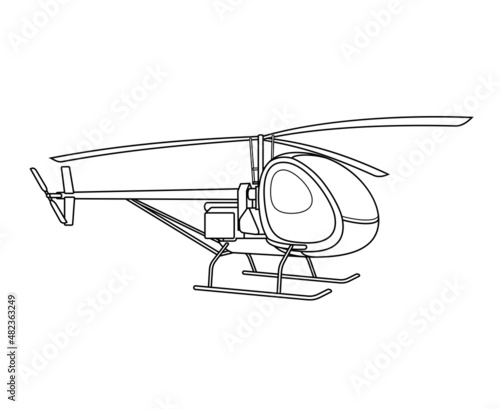  Black and white drawing, helicopter. Coloring for children. Isolated object. Linear pattern. 