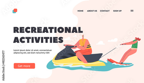 Recreational Activities Landing Page Template. Water Ski Extreme Sports. Happy Woman Riding Skis at Ocean Waves