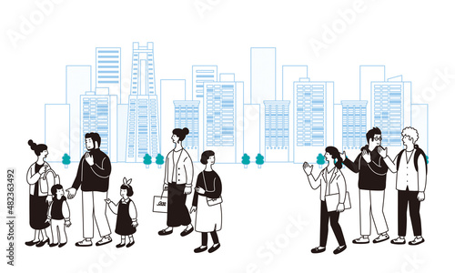 街並みと歩く人々のシンプルなイラスト